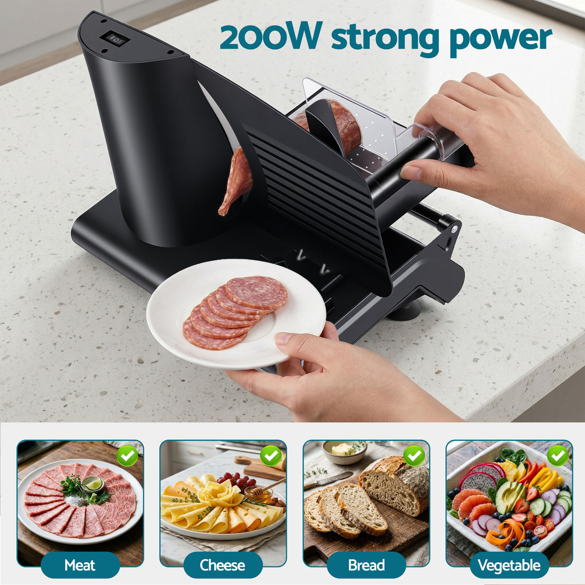 Meat Slicer Bread Vegetable, 200W Power 0-15mm Adjustable Easy Clean Stable Stainless