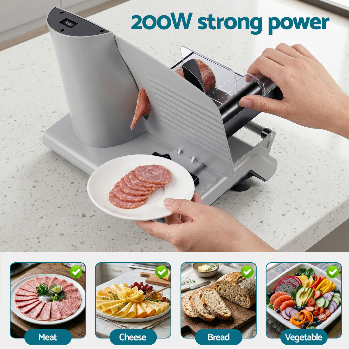 Meat Slicer Bread Vegetable, 200W Power 0-15mm Adjustable Easy Clean Stable Stainless