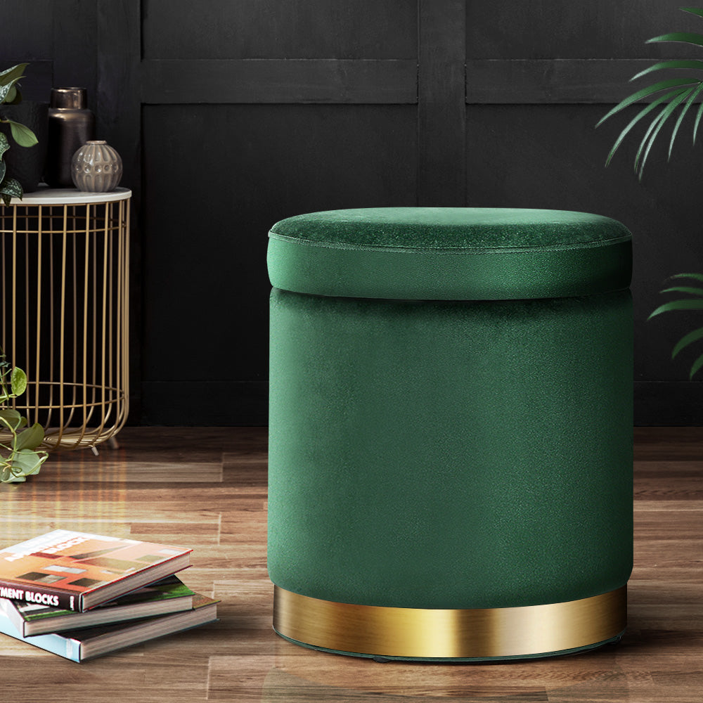 Ottoman Storage Foot Stool Round Velvet Green