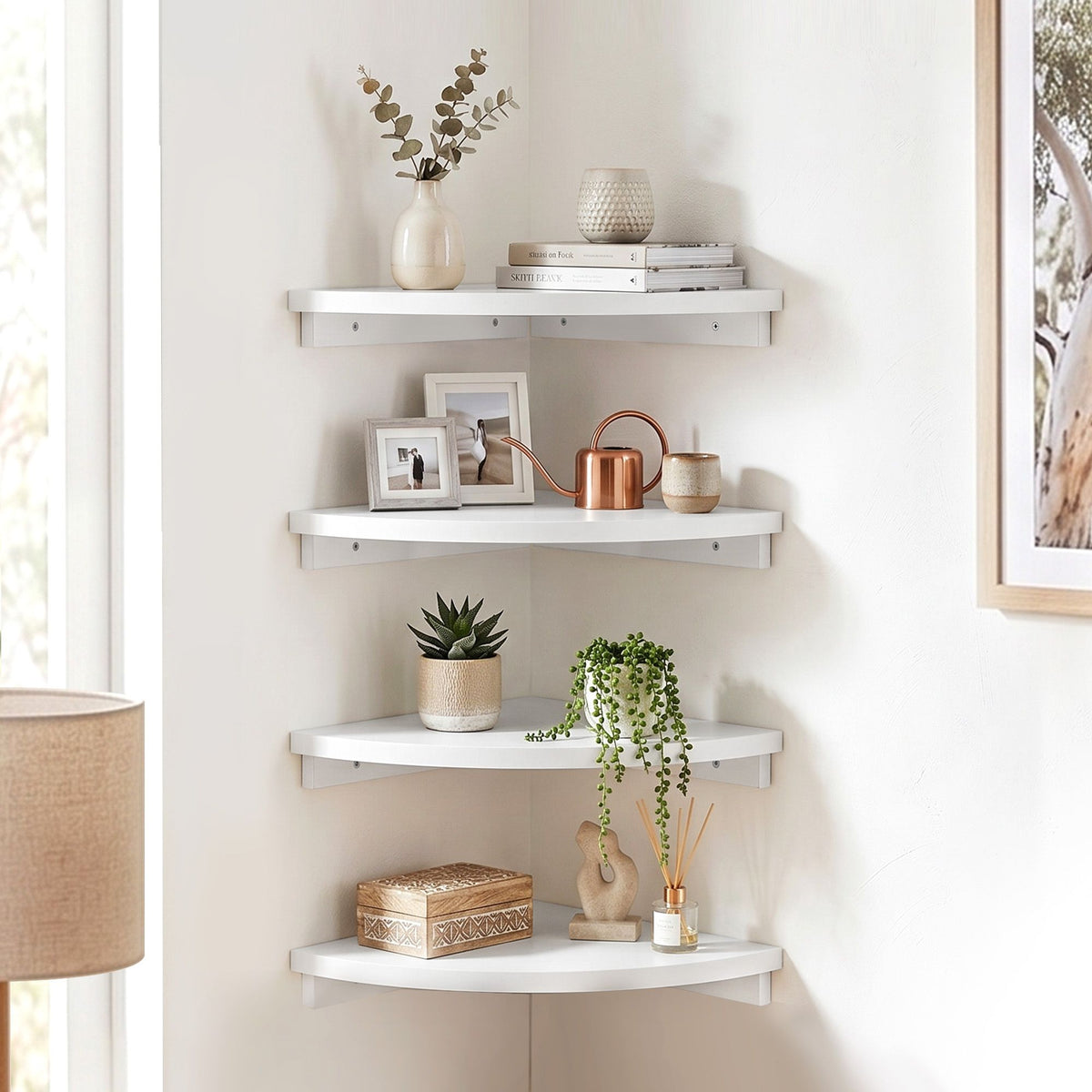 4pc Corner Floating Wall Shelf Wall Mounted Display Rack Round Edge White