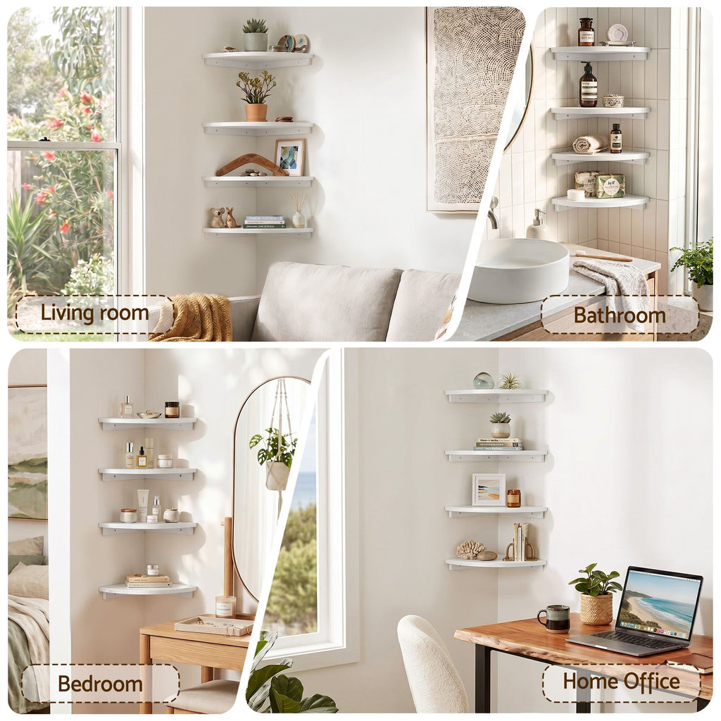 4pc Corner Floating Wall Shelf Wall Mounted Display Rack Round Edge White