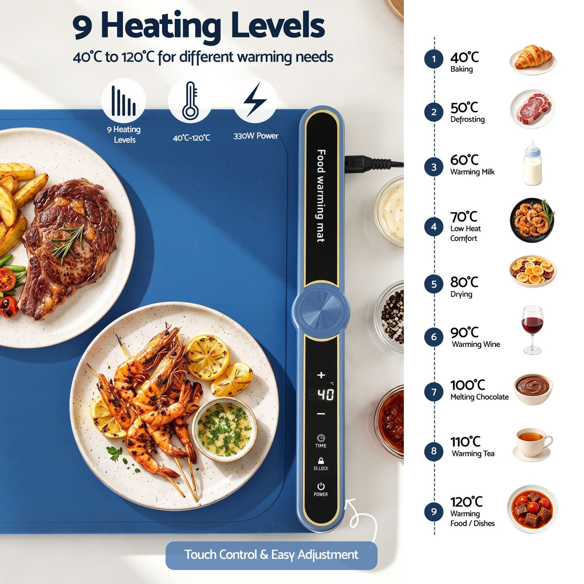 Food Warming Mat 80cm Electric Food Warmer Roll Up Buffet Tray Blue