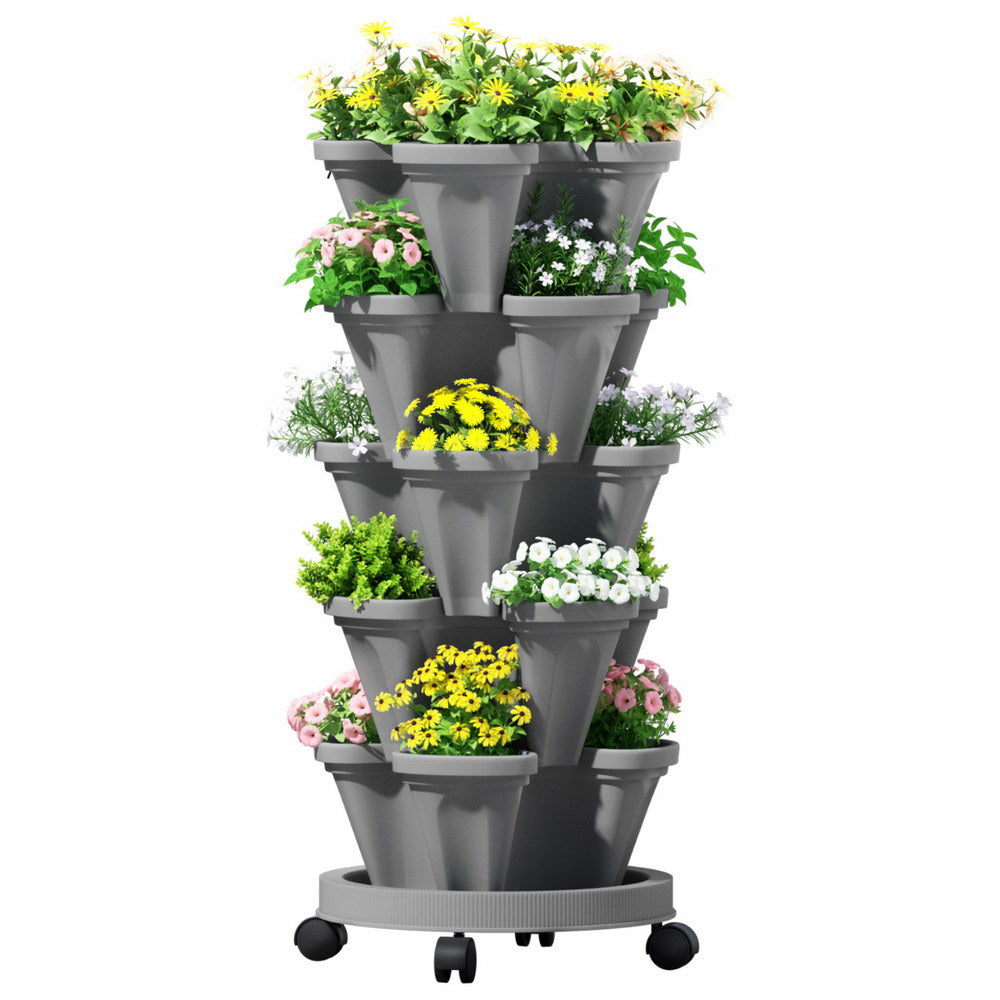 Raised Garden Bed 5 Tier Vertical Garden Grey Strawberry Stackable Planters Herbs Petunias