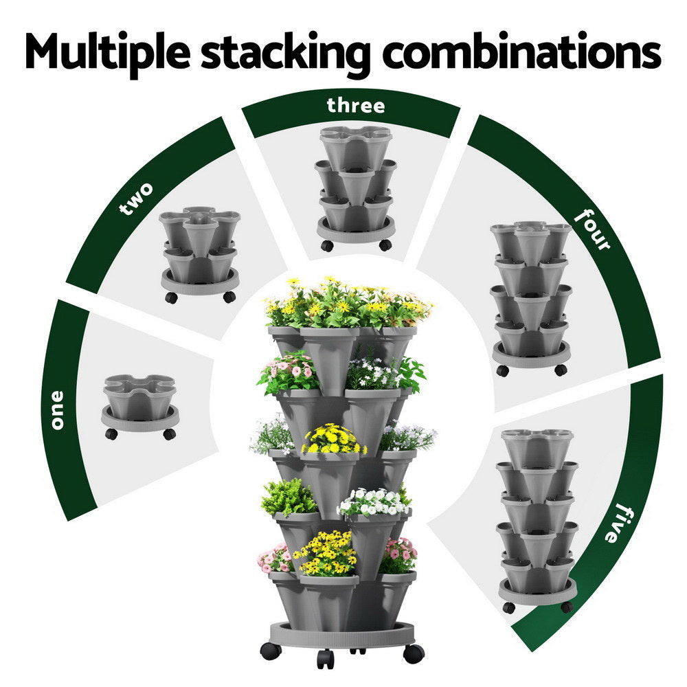 Raised Garden Bed 5 Tier Vertical Garden Grey Strawberry Stackable Planters Herbs Petunias