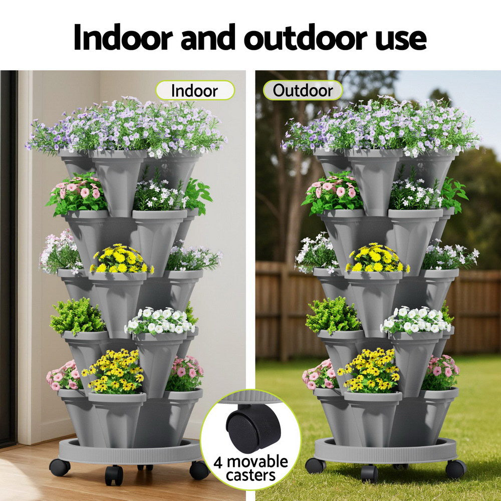 Raised Garden Bed 5 Tier Vertical Garden Grey Strawberry Stackable Planters Herbs Petunias