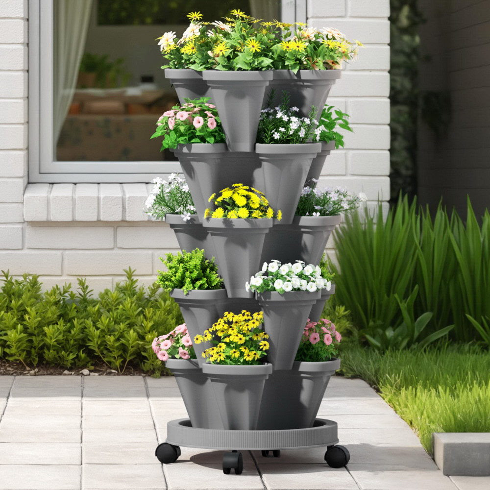 Raised Garden Bed 5 Tier Vertical Garden Grey Strawberry Stackable Planters Herbs Petunias