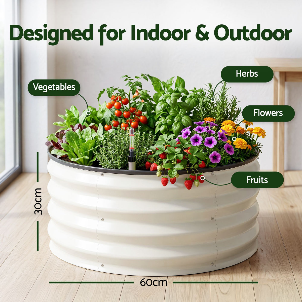 Self Watering Round Garden Bed Galvanised for Balcony Deck 60x60x30cm