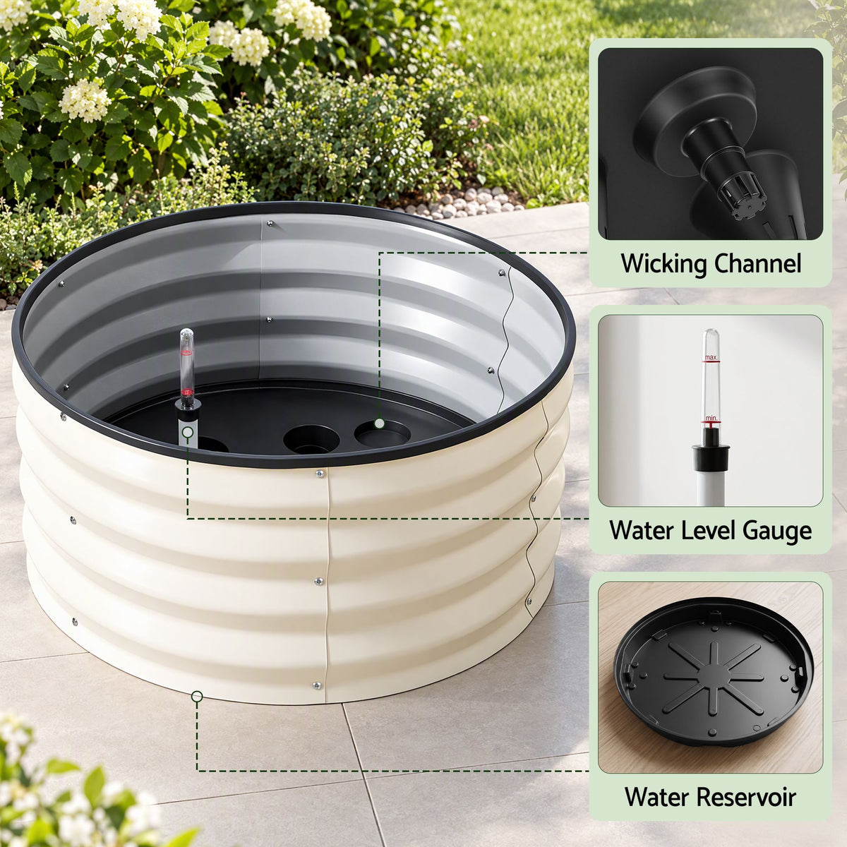 Self Watering Round Garden Bed Galvanised for Balcony Deck 60x60x30cm