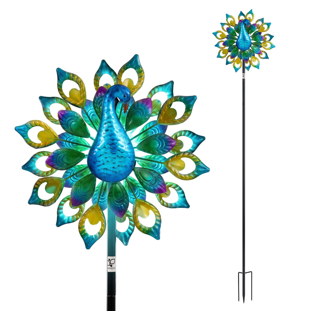 Garden Windmill Solar Light Colorful Peacock Metal Spinner 190cm