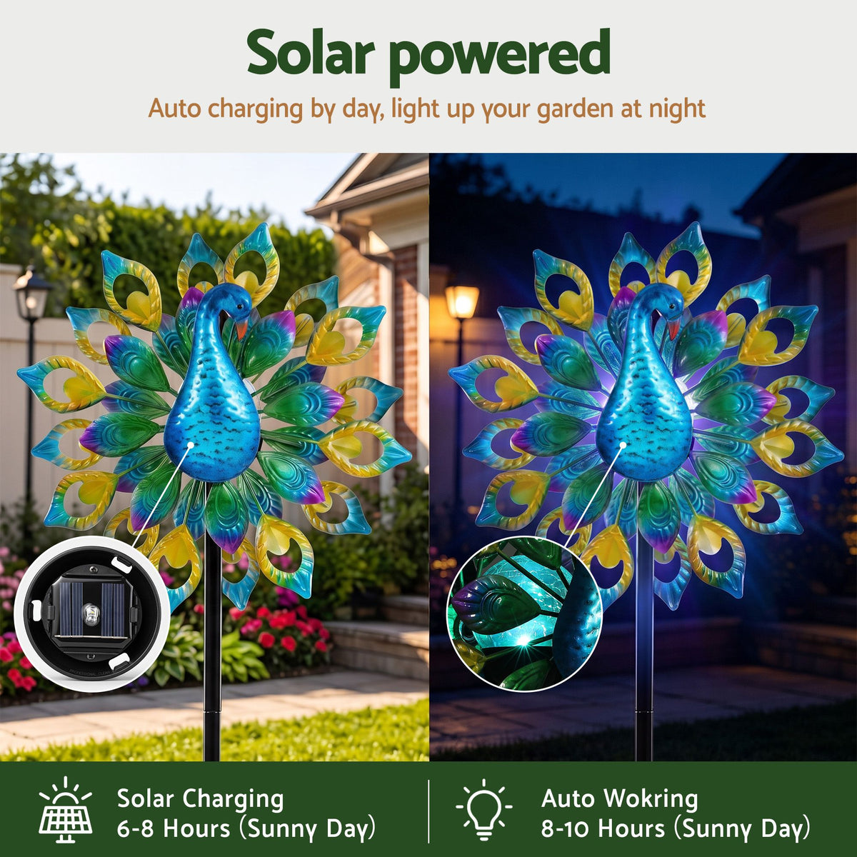 Garden Windmill Solar Light Colorful Peacock Metal Spinner 190cm