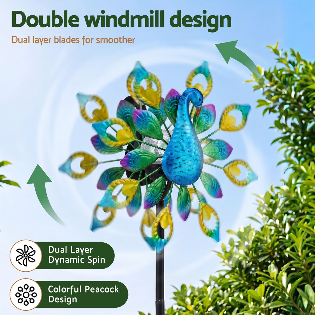 Garden Windmill Solar Light Colorful Peacock Metal Spinner 190cm