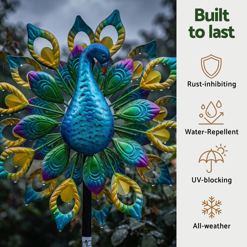 Garden Windmill Solar Light Colorful Peacock Metal Spinner 190cm