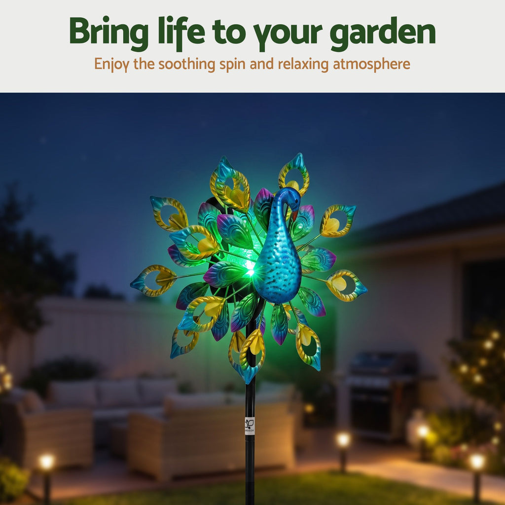 Garden Windmill Solar Light Colorful Peacock Metal Spinner 190cm