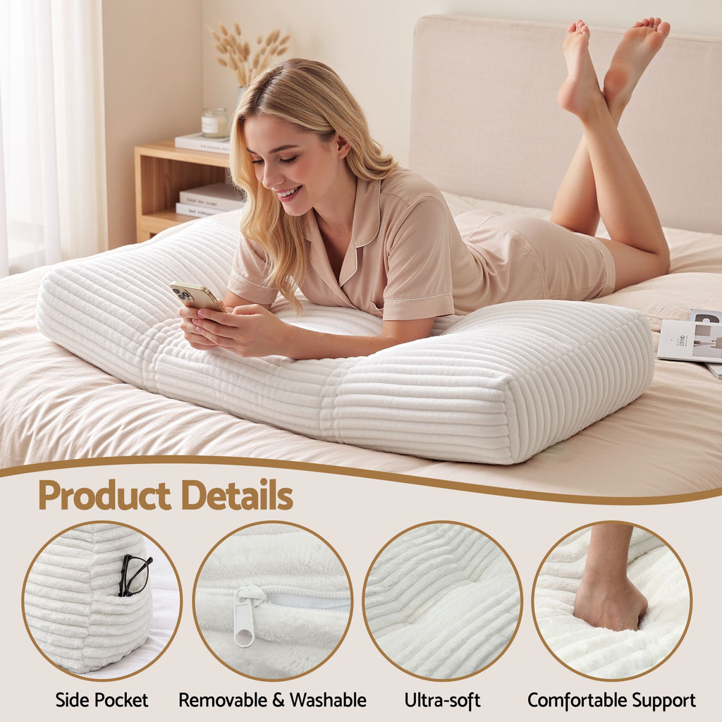 Wedge pillow headboard with non-flattening shredded foam core, perfect for dorm reading
