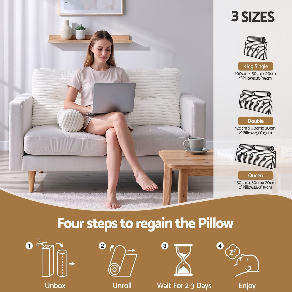 Wedge pillow headboard with non-flattening shredded foam core, perfect for dorm reading