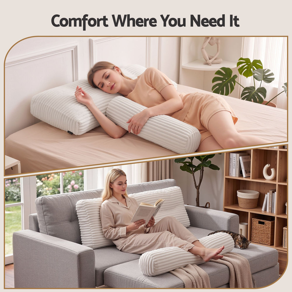 Wedge pillow headboard with non-flattening shredded foam core, perfect for dorm reading