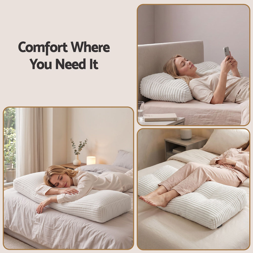 Wedge pillow headboard with non-flattening shredded foam core, perfect for dorm reading