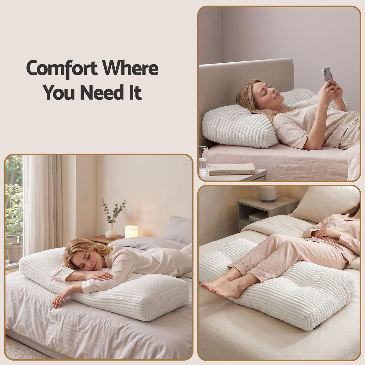 Wedge pillow headboard with non-flattening shredded foam core, perfect for dorm reading
