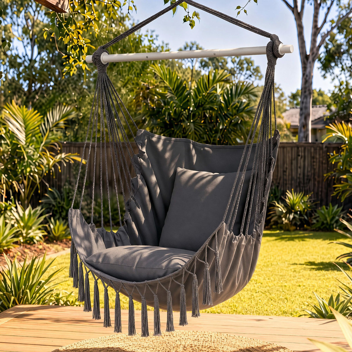 Hammock Chair Camping Macrame Hanging Swing Cushions Metal Bar Grey