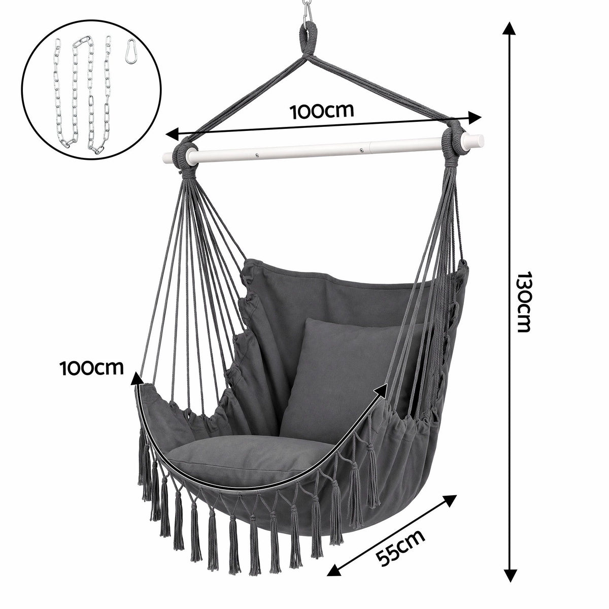 Hammock Chair Camping Macrame Hanging Swing Cushions Metal Bar Grey