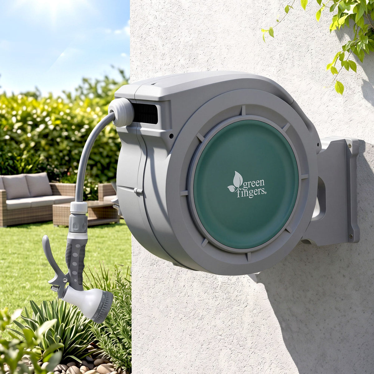 10m Retractable Water Hose Reel, Wall Mounted Garden Hose 9-Pattern Nozzle