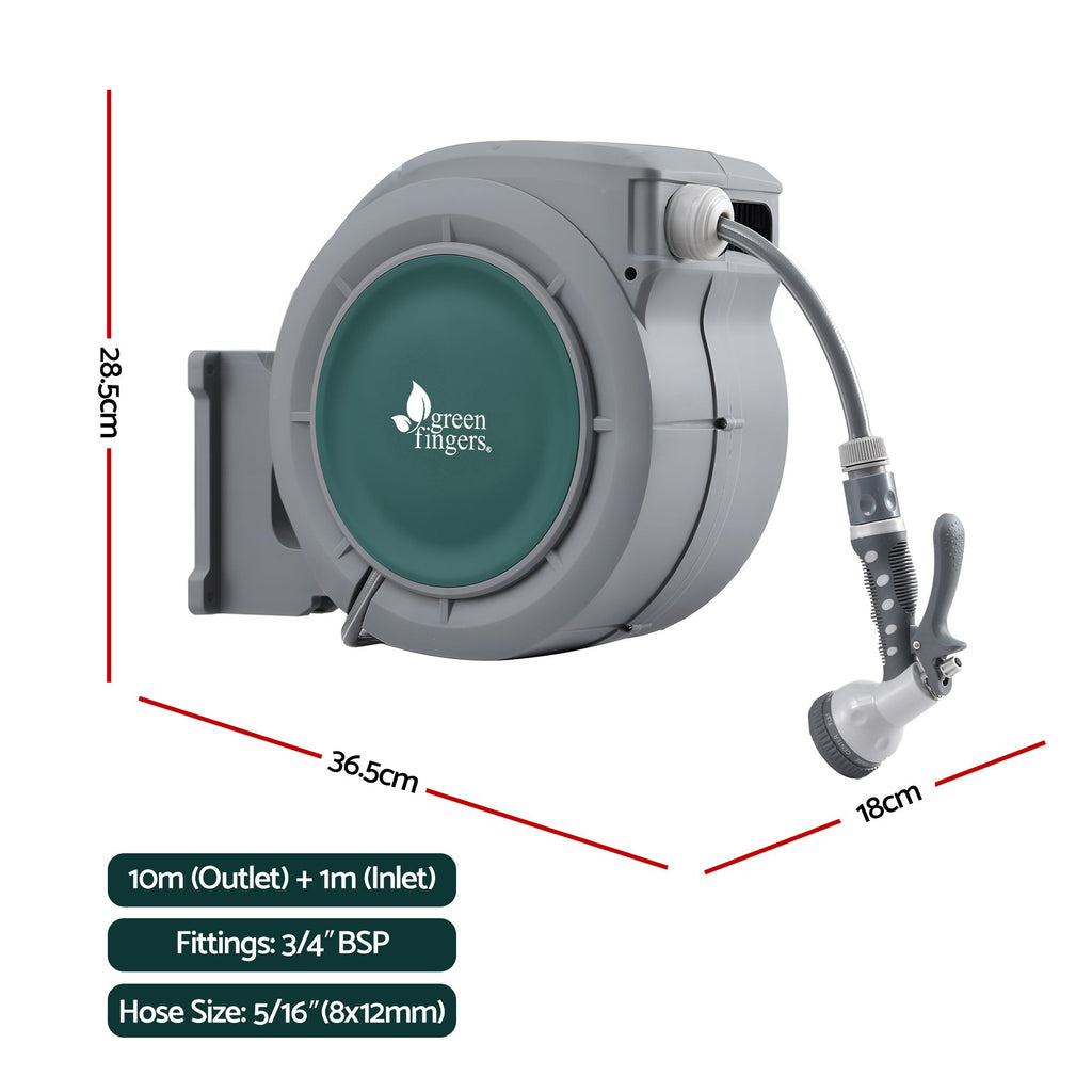 10m Retractable Water Hose Reel, Wall Mounted Garden Hose 9-Pattern Nozzle