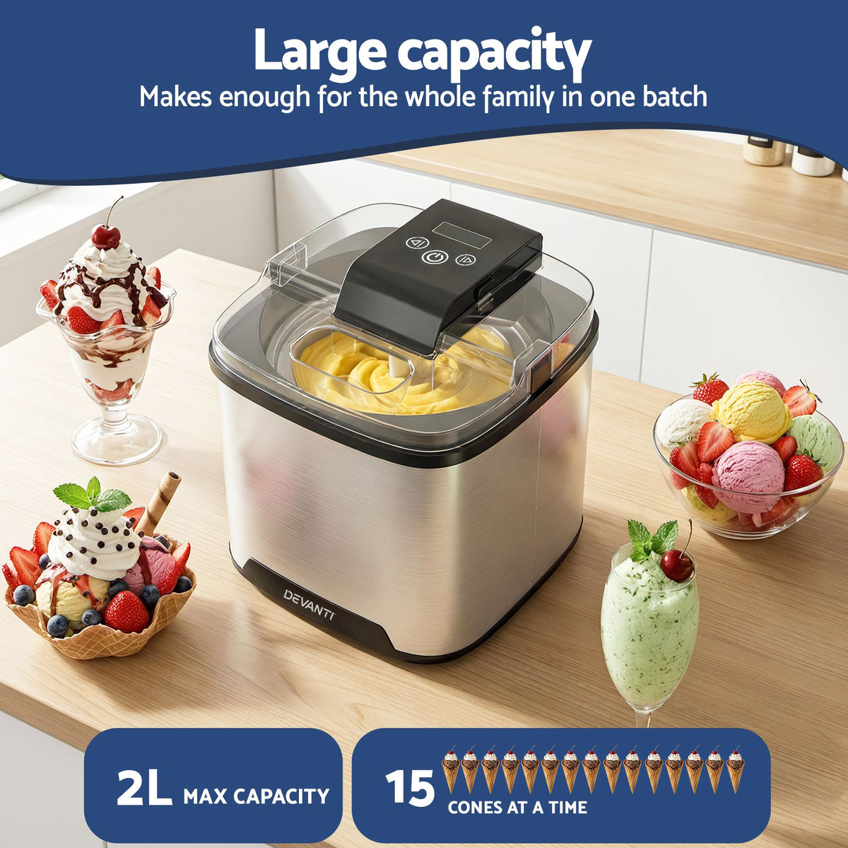 Ice Cream Maker Slushie Machine 2L Homemade Gelato Sorbet Sliver