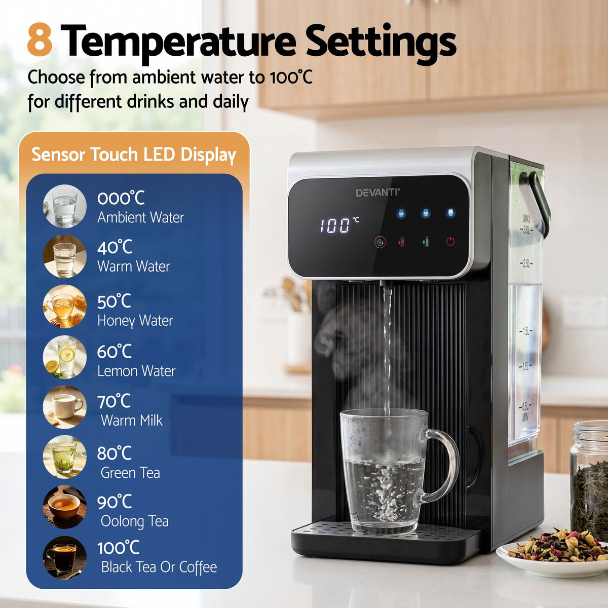 Instant Hot Water Dispenser 3L Heating Kettle 2400W Touch Control Water Black