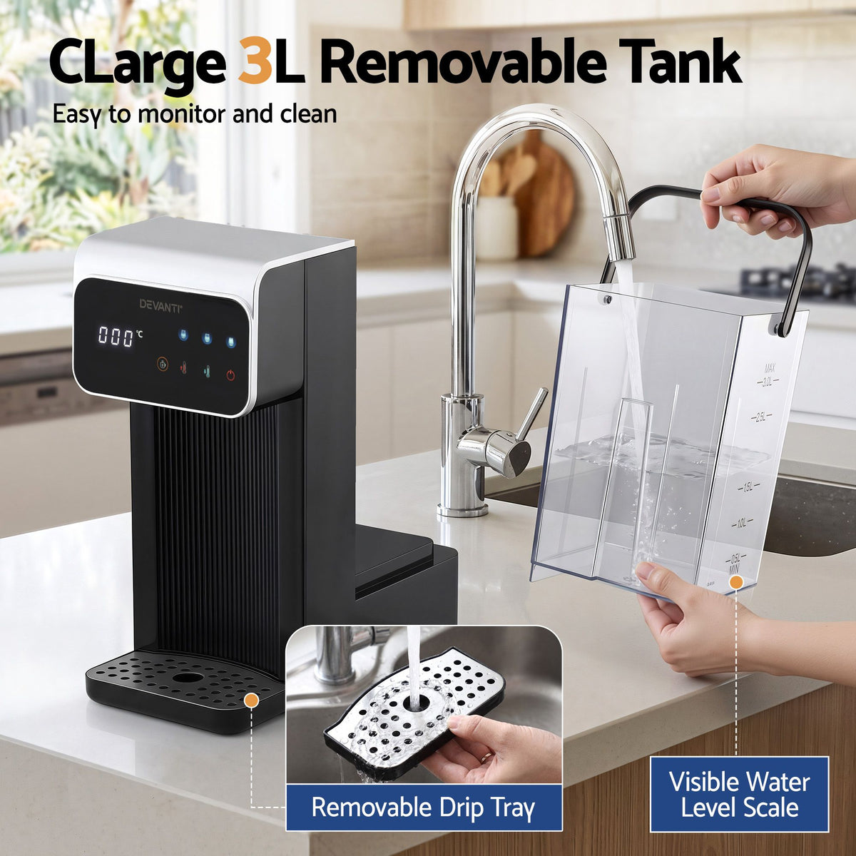 Instant Hot Water Dispenser 3L Heating Kettle 2400W Touch Control Water Black