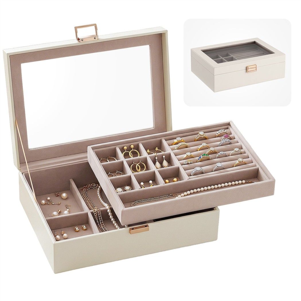 2 Layer Jewellery Box Organiser with Clear Lid White