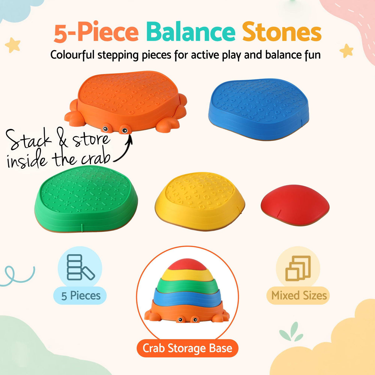 Kids Stepping Stones Balance Stone Set Crab Indoor Outdoor 5PCS