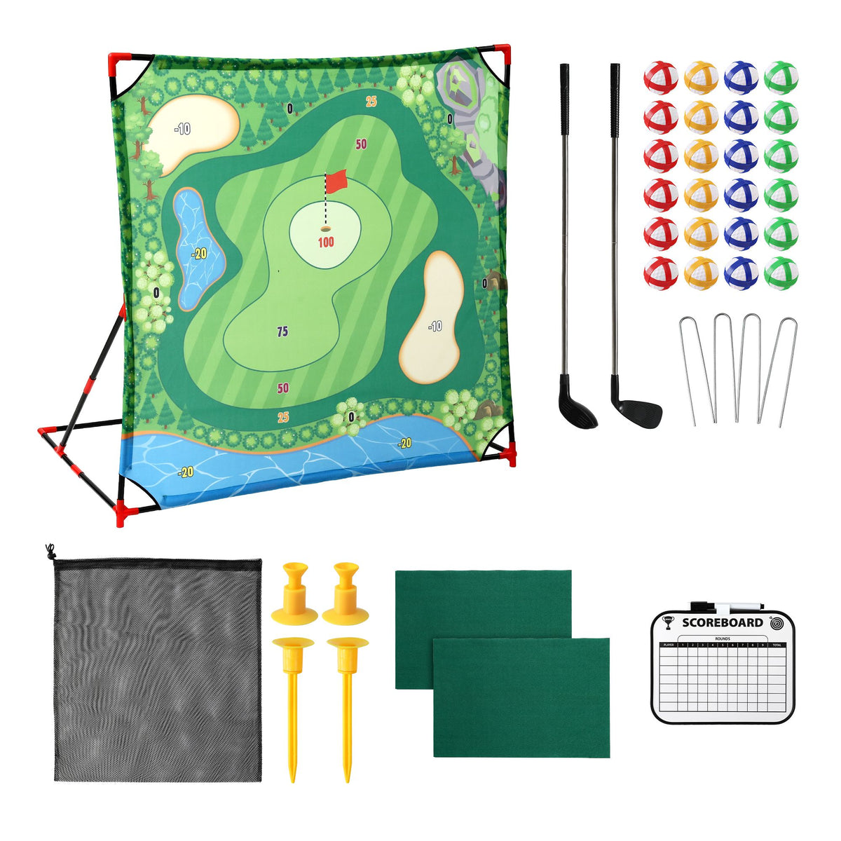 Kids Golf Play Set Chipping Game, 24 Sticky Balls, Adjustable Club & 2 Hitting Mats for