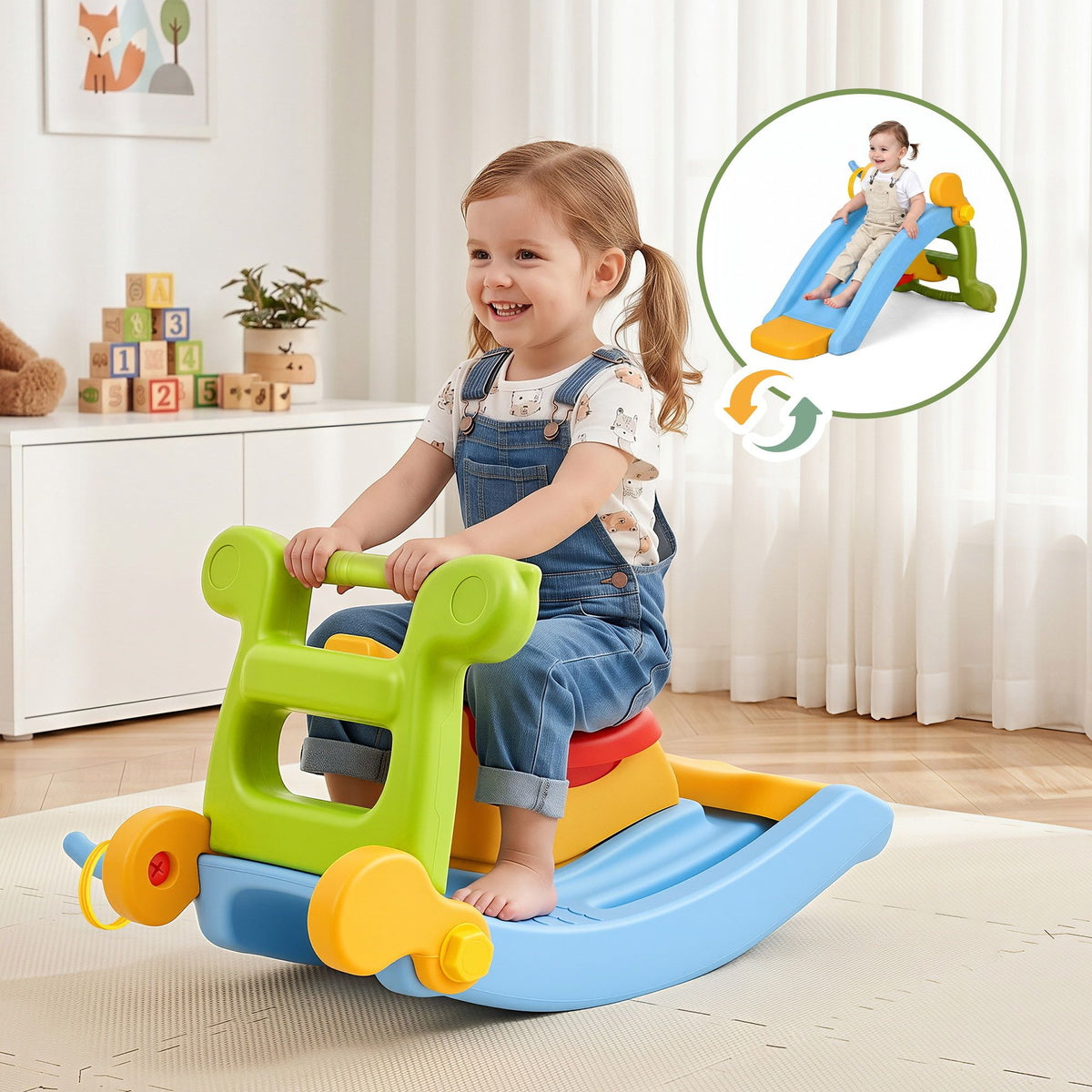 Kids Slide Set Toddler Indoor Playset Rocking Horse Ring Toss Multi Colour