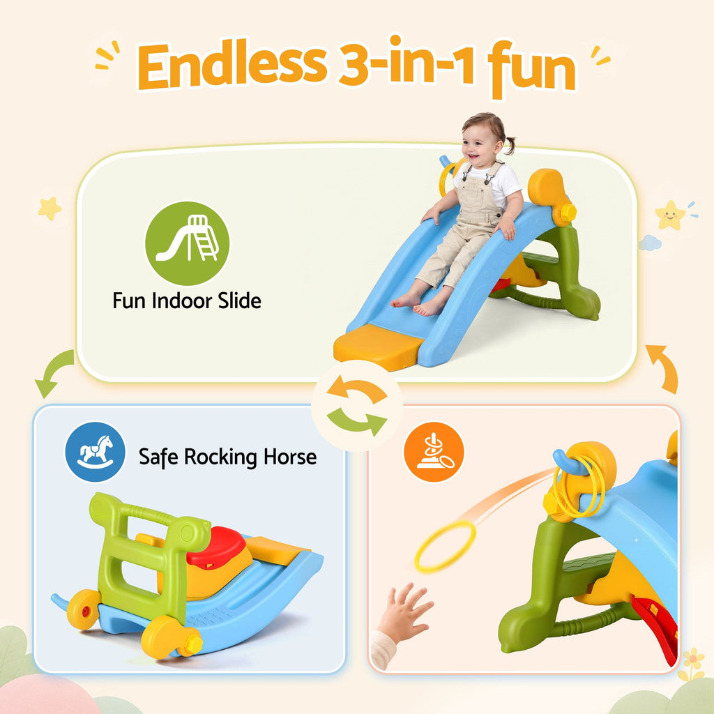 Kids Slide Set Toddler Indoor Playset Rocking Horse Ring Toss Multi Colour