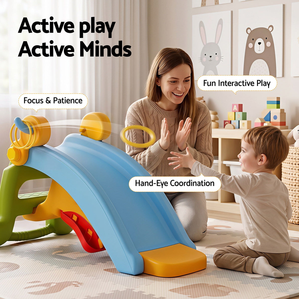 Kids Slide Set Toddler Indoor Playset Rocking Horse Ring Toss Multi Colour