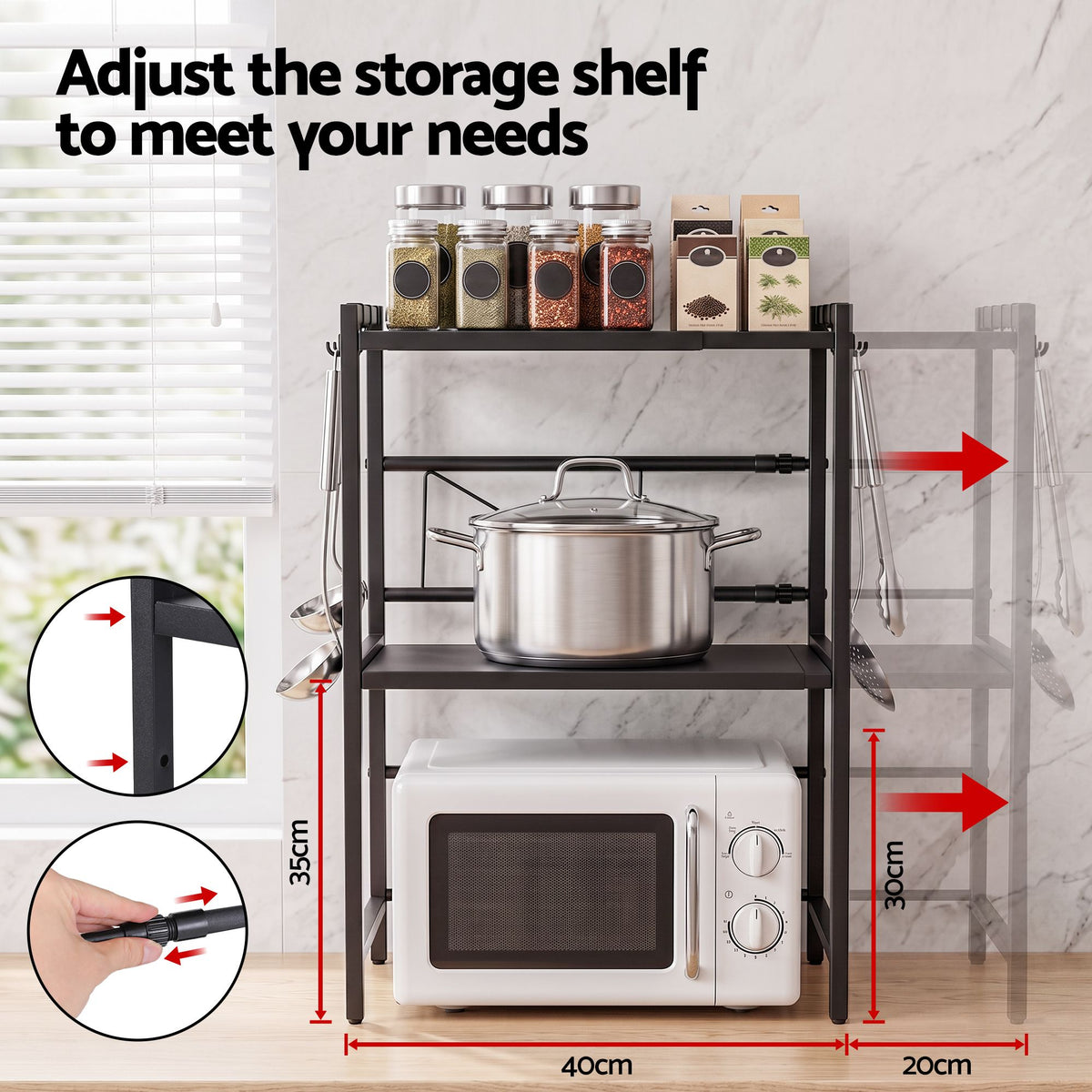 Kitchen Bakers Rack 40-60CMX78CM Metal Microwave Stand Black