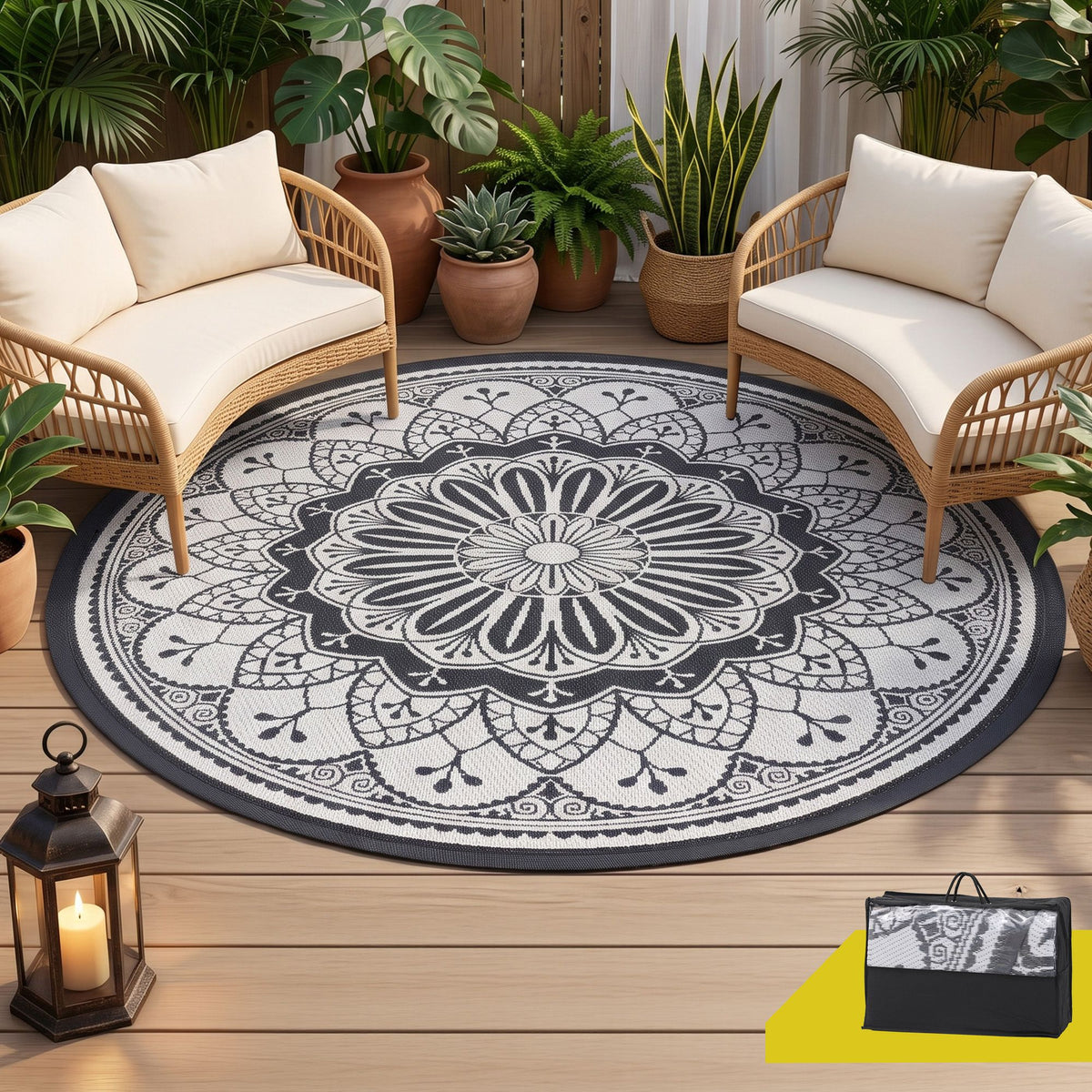 180CM Outdoor Rug Reversible Carpet PP Area Mat Patio Rugs Round Grey