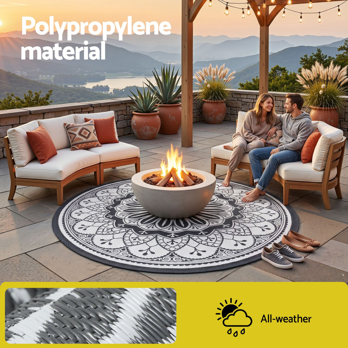 180CM Outdoor Rug Reversible Carpet PP Area Mat Patio Rugs Round Grey