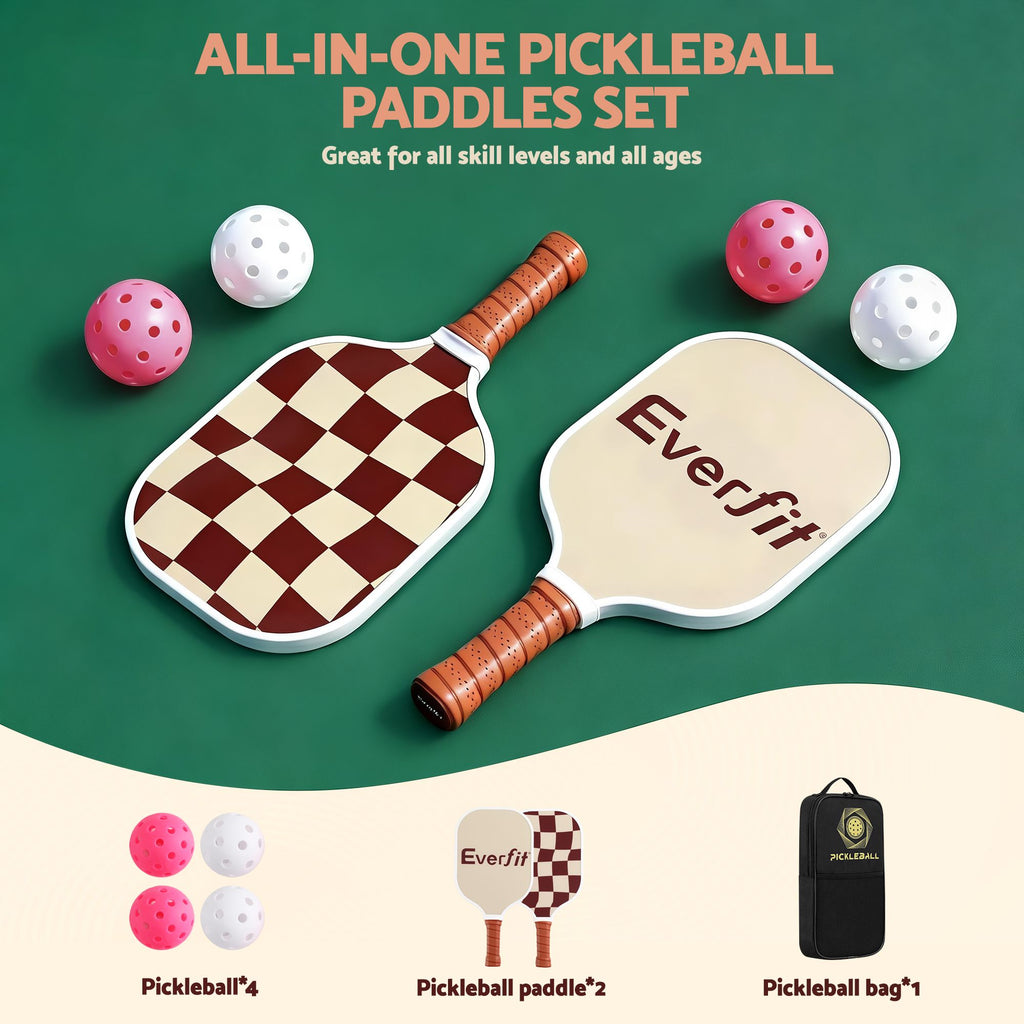 Pickleball Paddle Set Fibreglass Racquet Honeycomb Core With Bag Brown