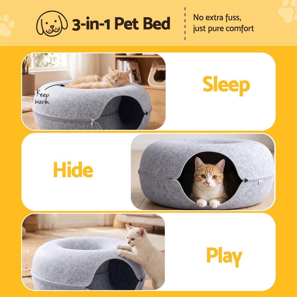 Cat Bed with Tunnel 60x28CM Donut Felt Cave Hideaway Detachable Grey