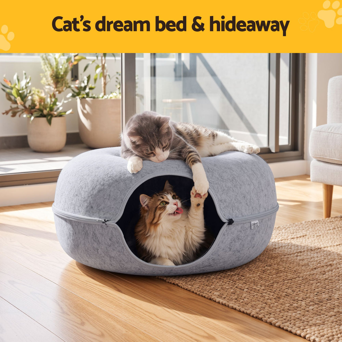 Cat Bed with Tunnel 60x28CM Donut Felt Cave Hideaway Detachable Grey