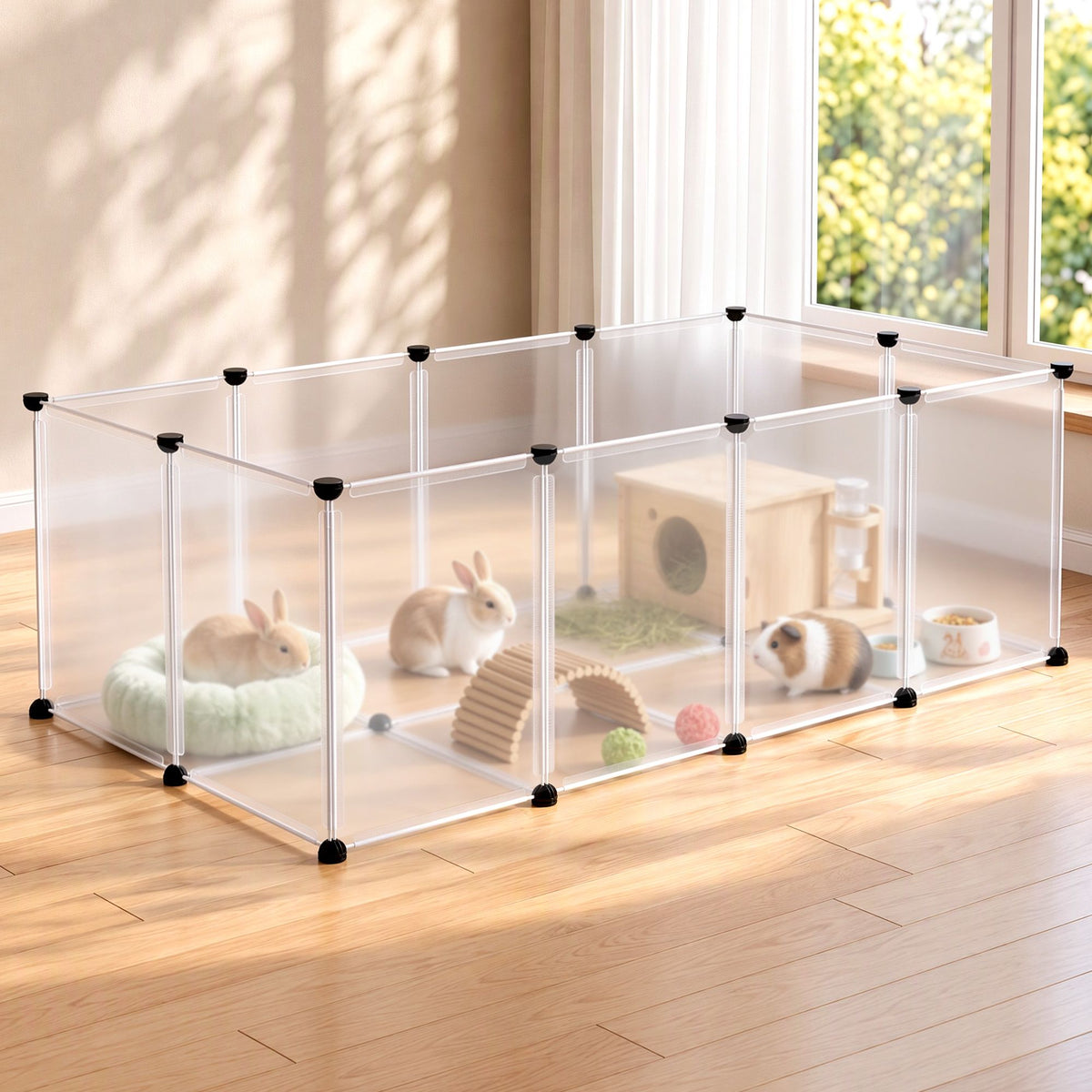 20-Panel Clear Pet Playpen with Floor – Indoor Rabbit & Guinea Pig Enclosure