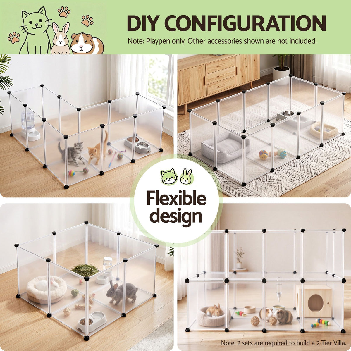 20-Panel Clear Pet Playpen with Floor – Indoor Rabbit & Guinea Pig Enclosure