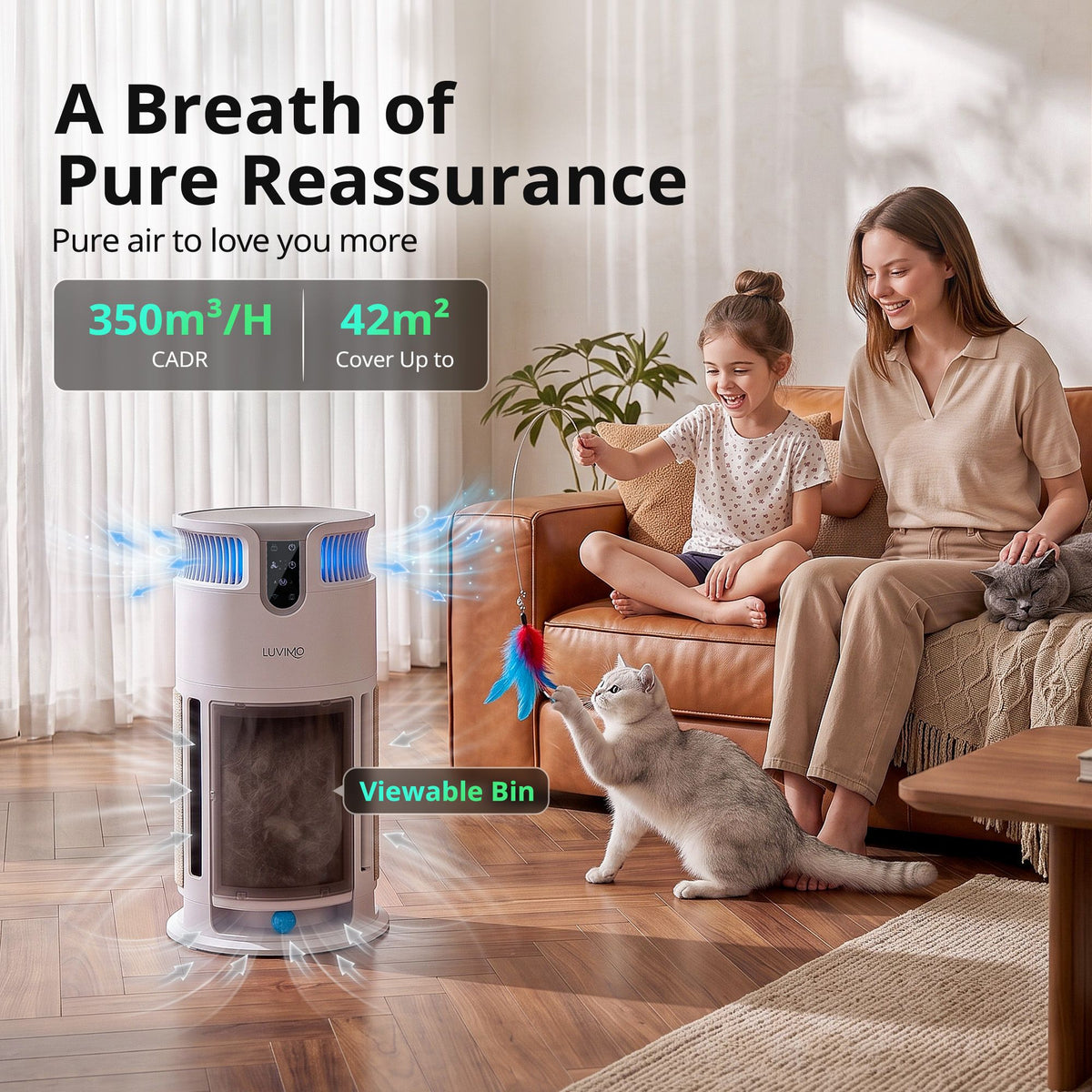 Pet Air Purifier H13 HEPA Smart Air Cleaner CADR 350 w/ Cat Toys for Home