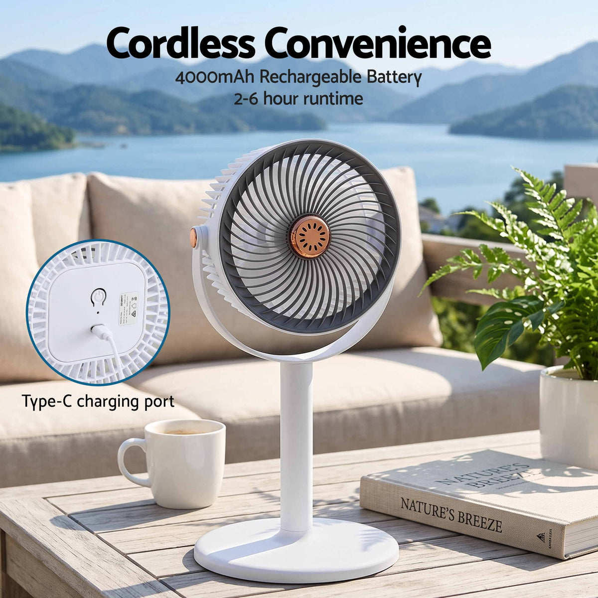 Rechargeable Pedestal Fan, 4000mAh Battery 5 Speed 4 Height, White