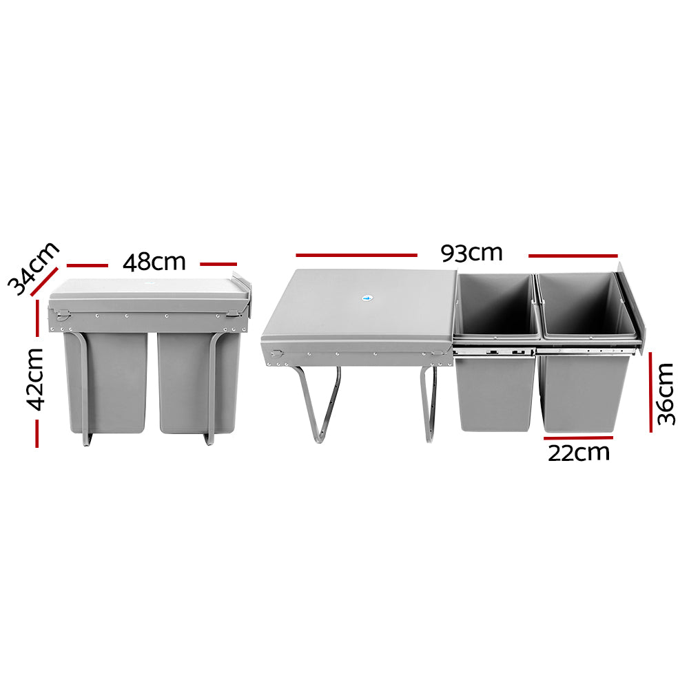Pull Out Bin Kitchen Double Basket 2X20L Grey