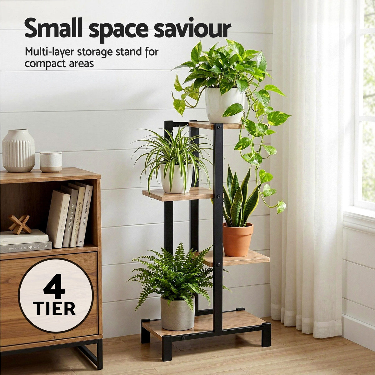 4 Tiers Plant Stand Metal Flower Pots Shelf Indoor Outdoor Garden Home