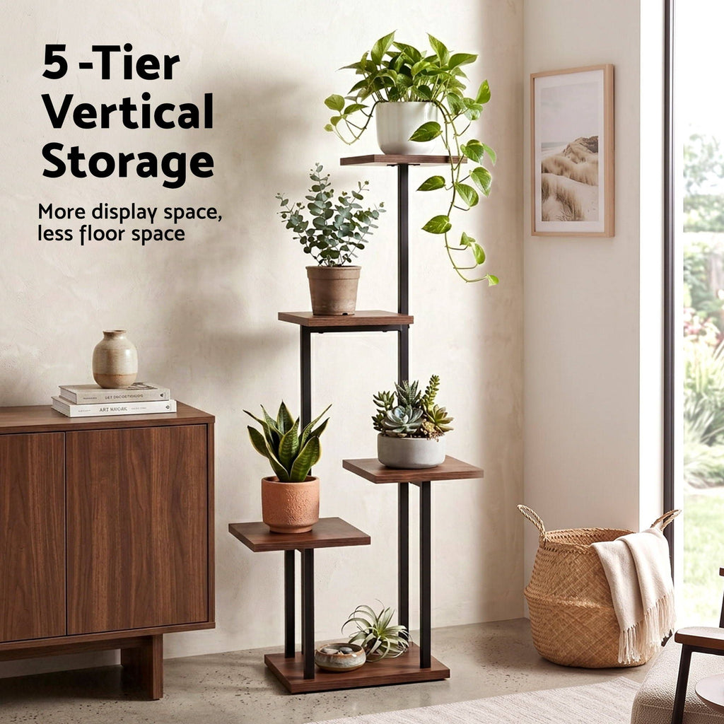 5-Tier Plant Stand Indoor Outdoor, Metal & Wood Pot Plant Shelf, Tall Display Rack for