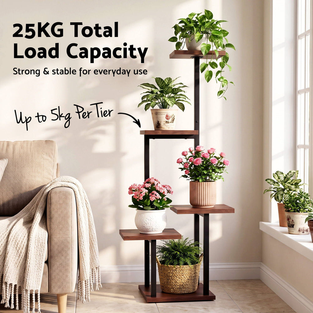 5-Tier Plant Stand Indoor Outdoor, Metal & Wood Pot Plant Shelf, Tall Display Rack for