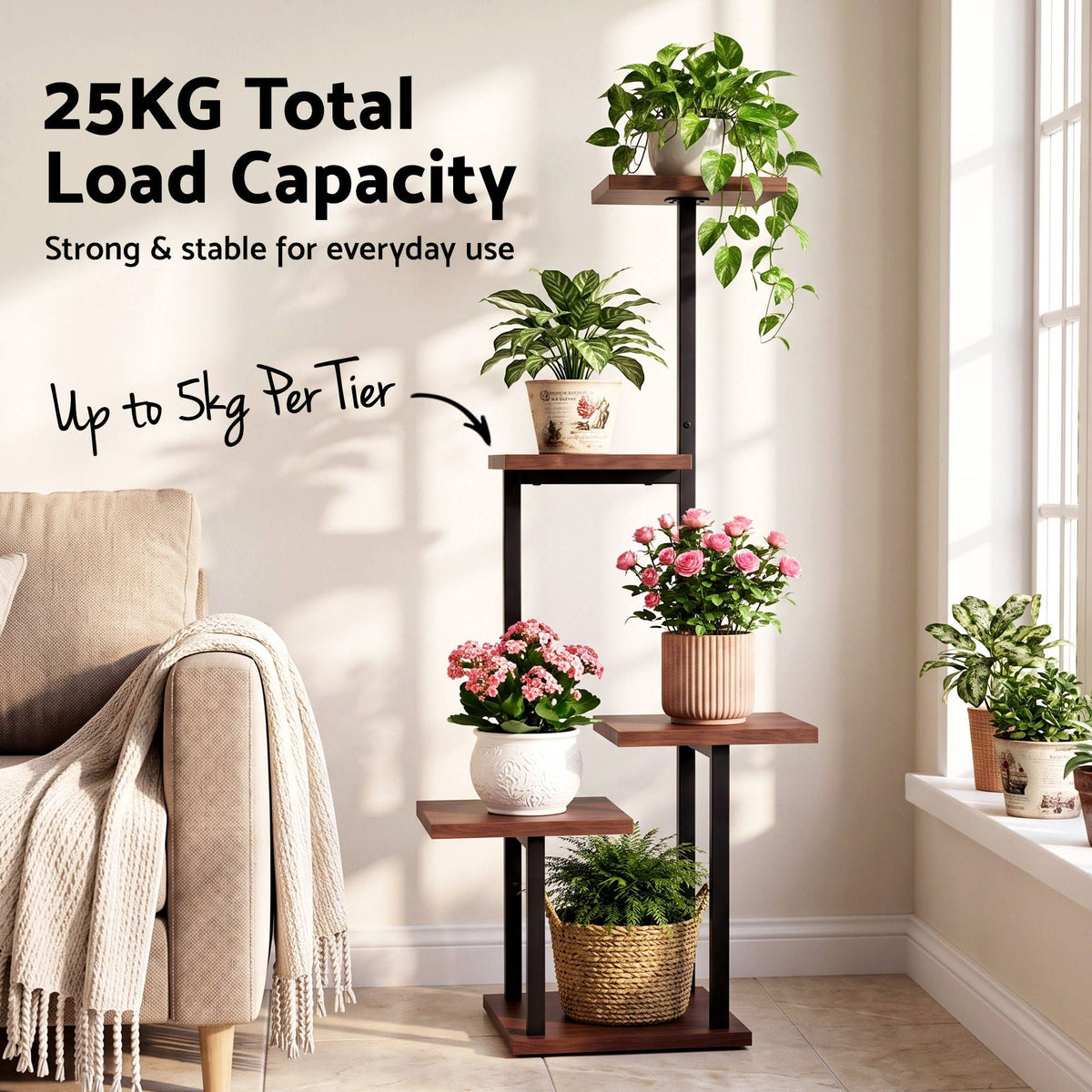 5-Tier Plant Stand Indoor Outdoor, Metal & Wood Pot Plant Shelf, Tall Display Rack for